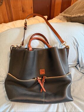 Dooney & Bourke Black Pebble Leather Tote with Brown Trim and Strap